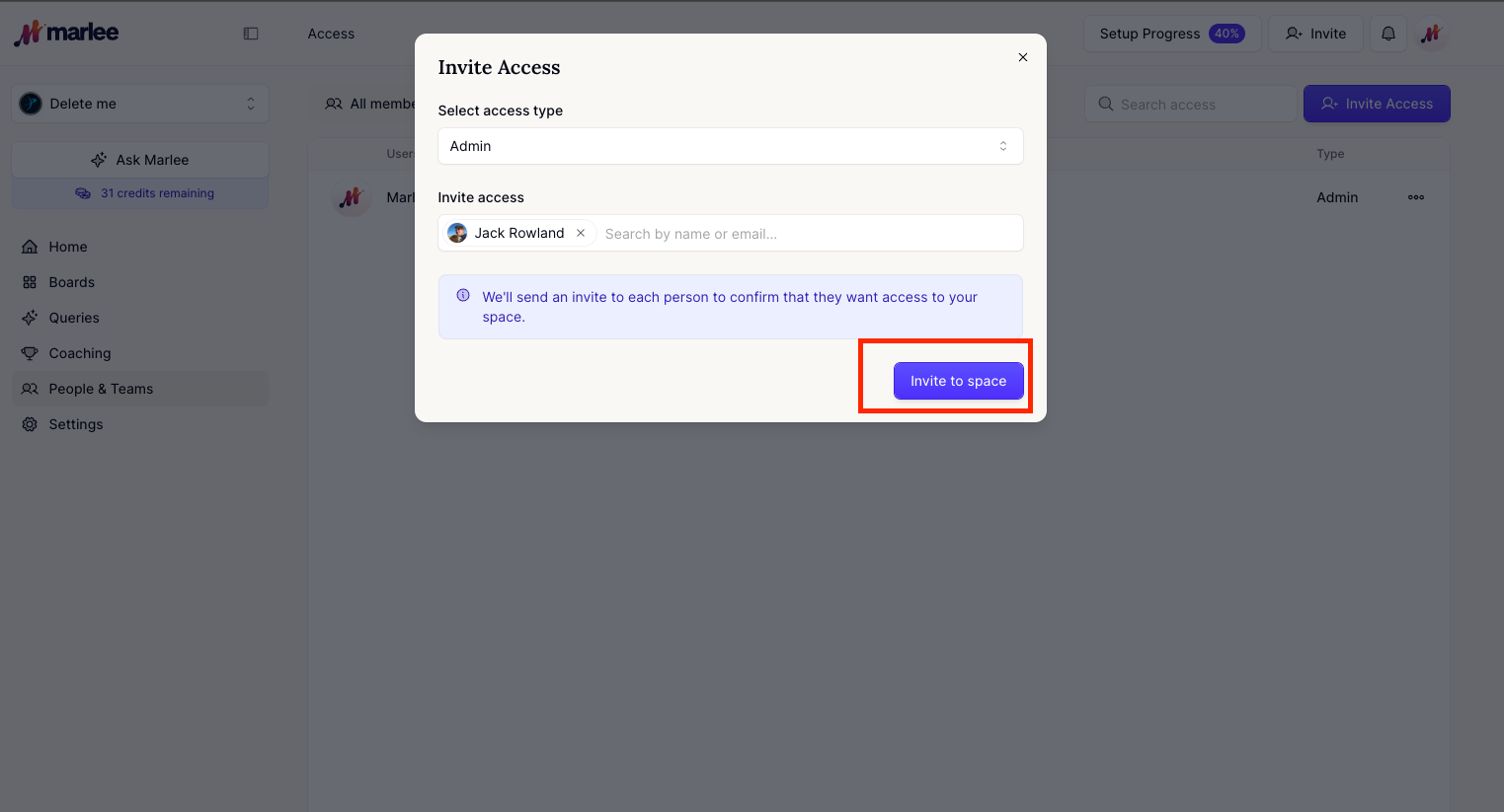 Click Invite to Space to Invite with Admin Access