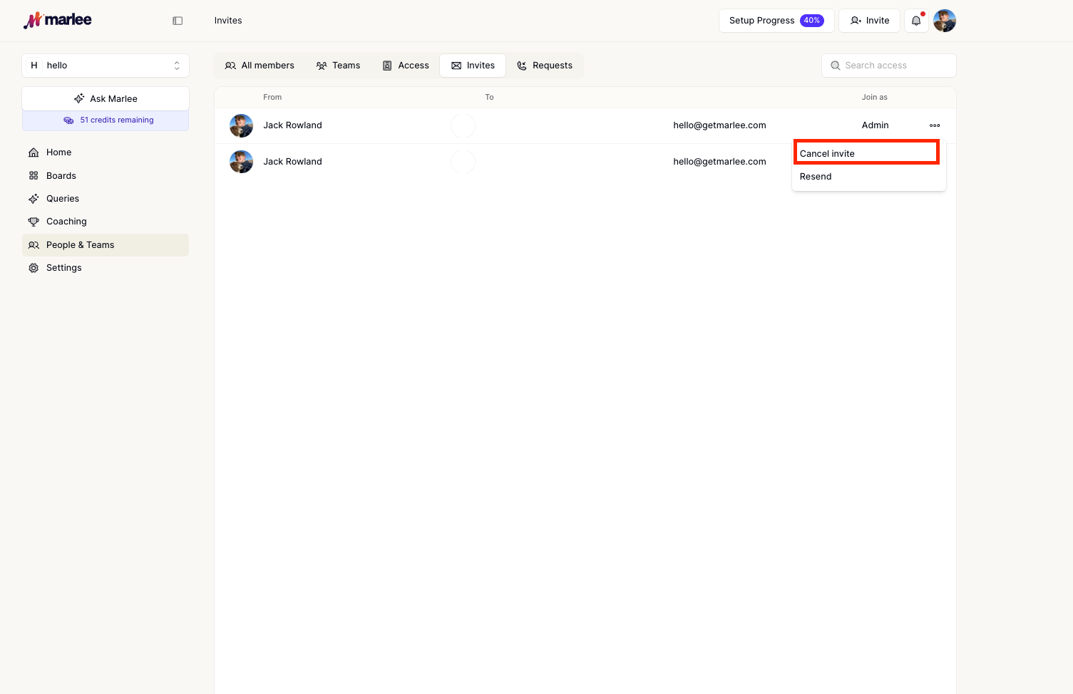 Click on the three dots to cancel invite