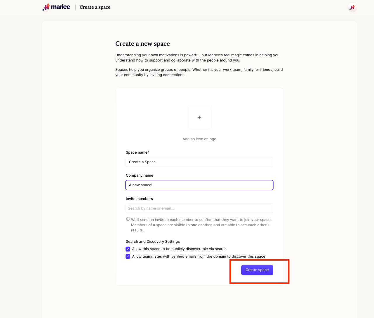 Click the Create Space button to finalize space creation