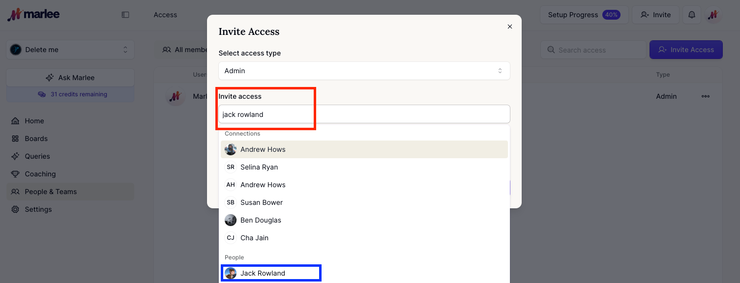 Search for Marlee profiles to invite with Admin Access