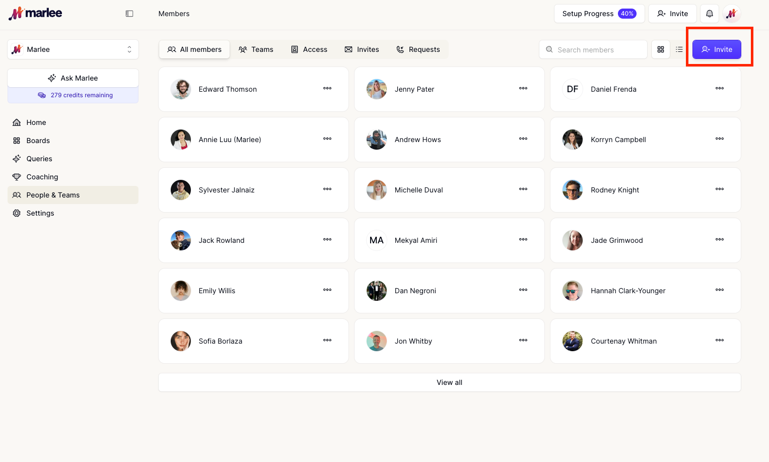 Invite team members by clicking the invite button