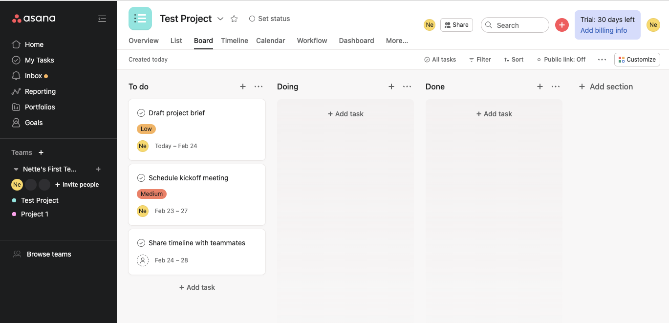 using asana project management software for brainstorming and tracking progress with a board