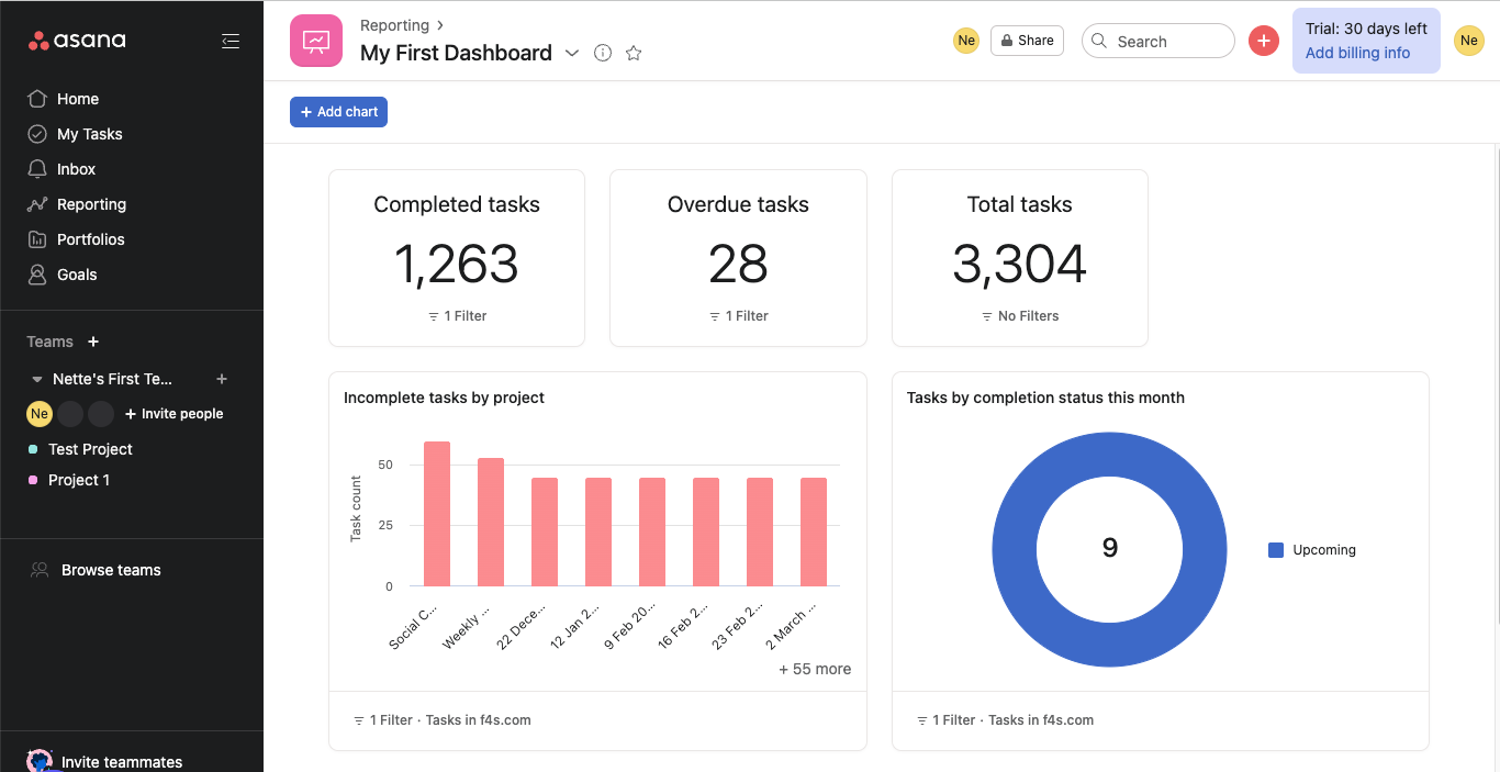 reporting feature of asana project management software