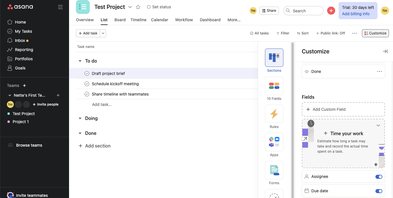 time tracking feature of asana project management