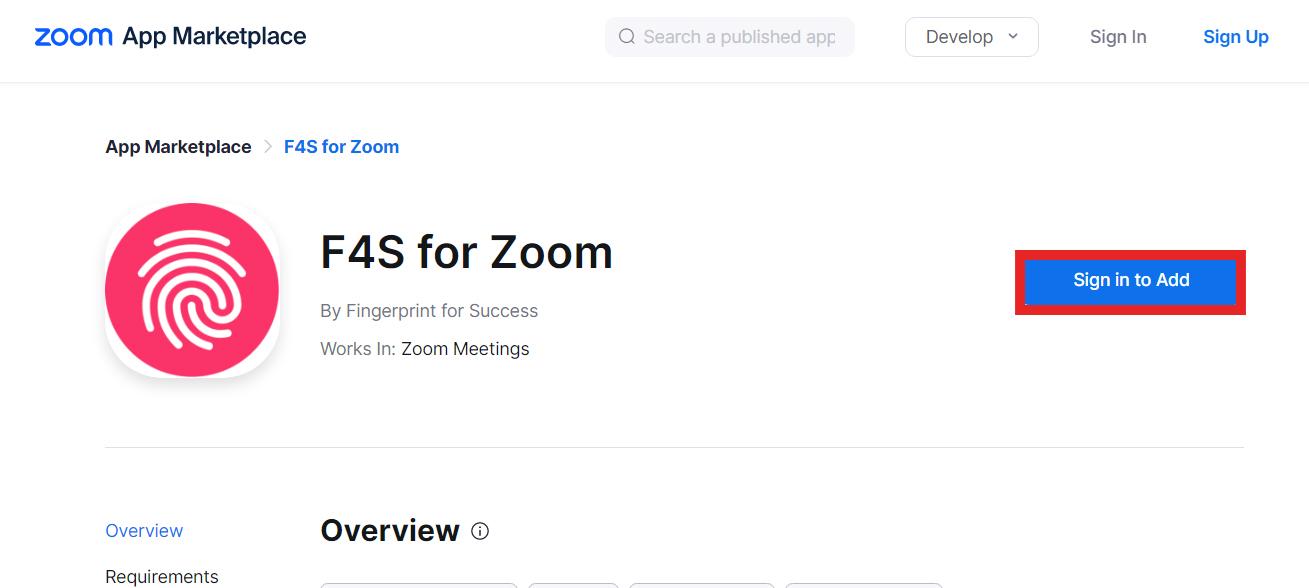 sign in to add F4S for Zoom