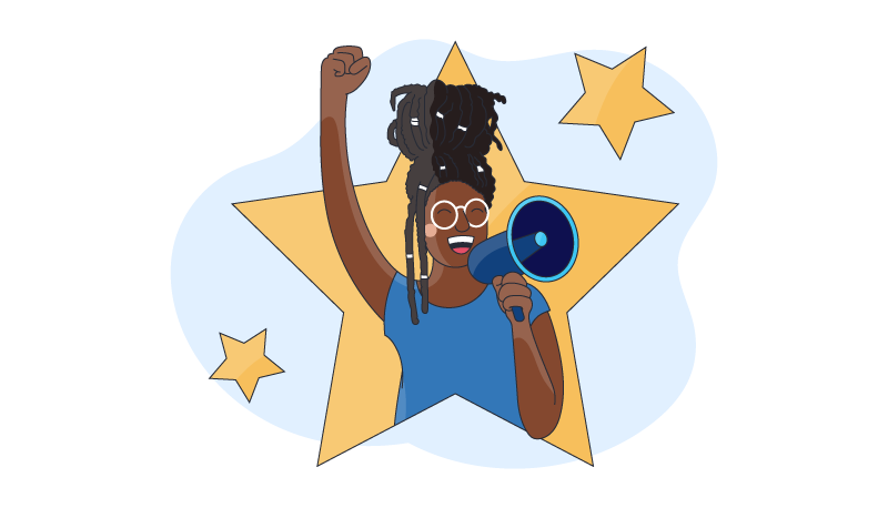 a woman is using a megaphone and smiling with her arm up with excitement as she motivates her team