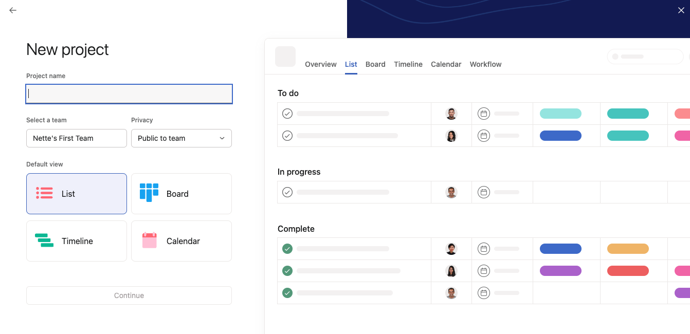 setting up a new project using asana project management software