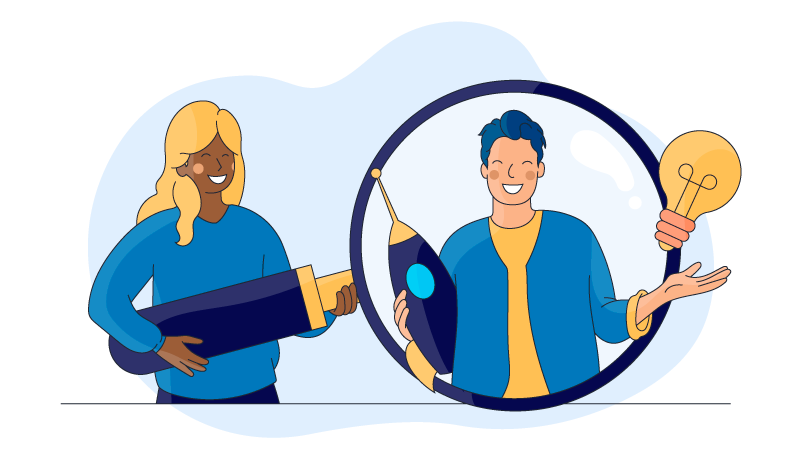 a woman holding up a giant magnifying glass over a colleague to understand communication barriers related to perception  