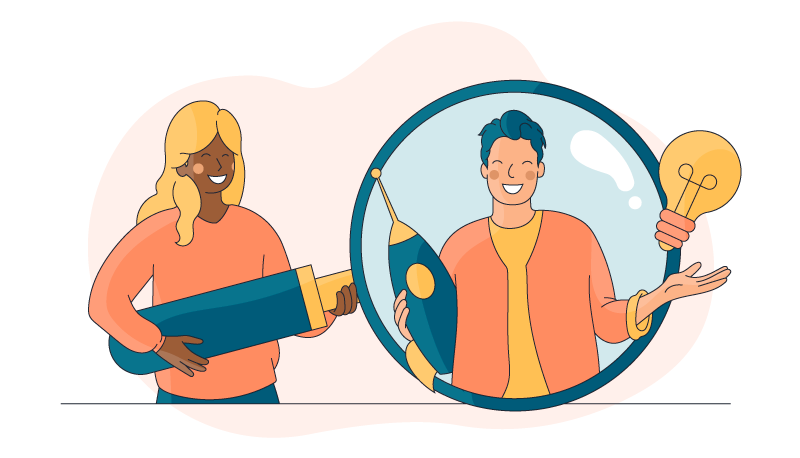 a team member is holding a magnifying glass over her colleague to help identify their hard and soft skills 
