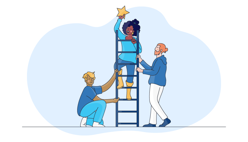 Two team members hold a ladder for their colleague to reach for the starts shows they value shared responsibility as part of their cultural fit