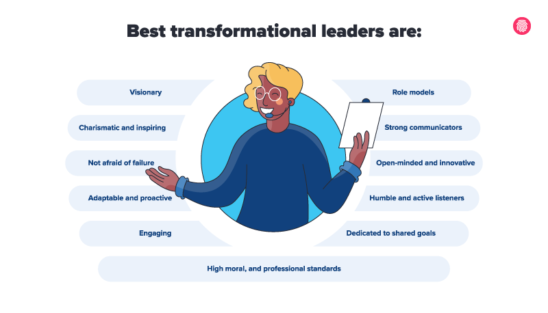 a person with a microphone smiling with open arms showing the transformational leadership traits 